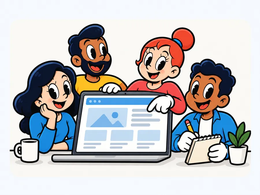 Cartoon team collaborating around a laptop