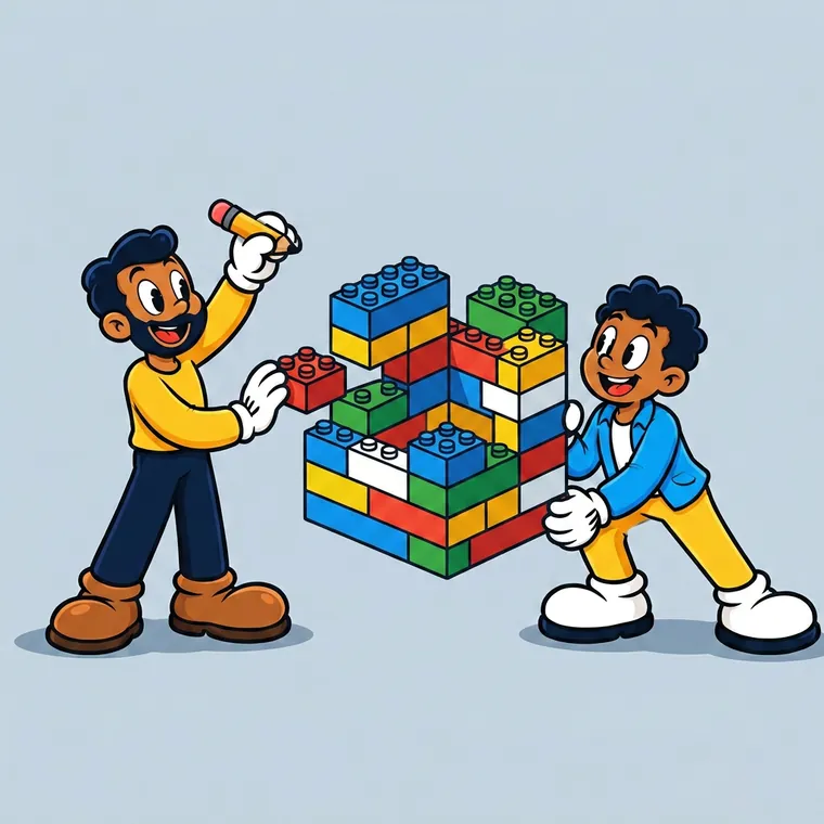 Two trade workers holding a card for the review and edit step